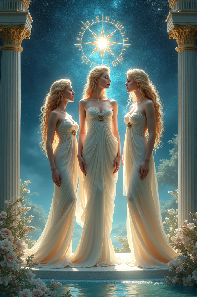 Make me an image of the beauty archetype of Aphrodite next to the magnetism archetype of the mermaid and the wisdom archetype of Athena in the same image next to Cupid for love and attraction