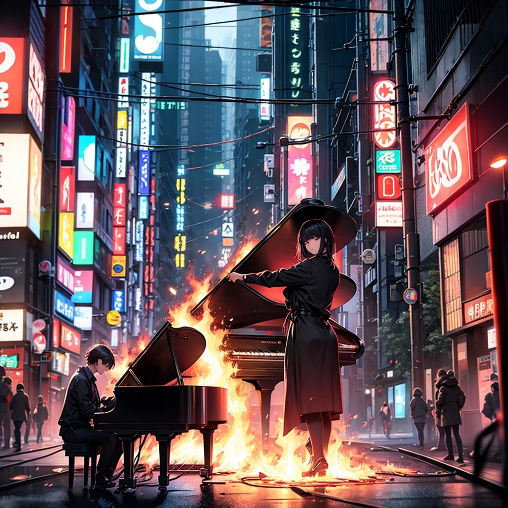 a piano on fire in neon tokyo