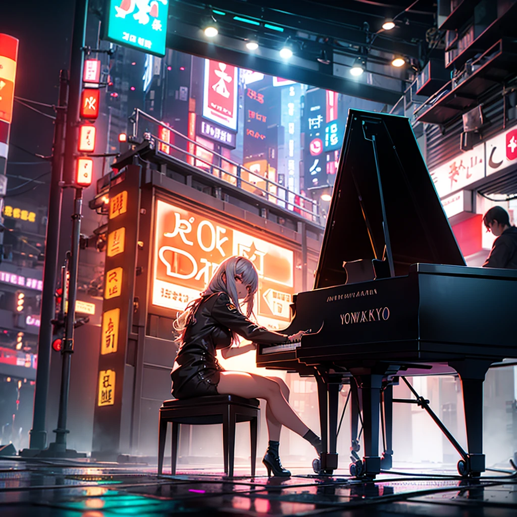 a piano on fire in neon tokyo