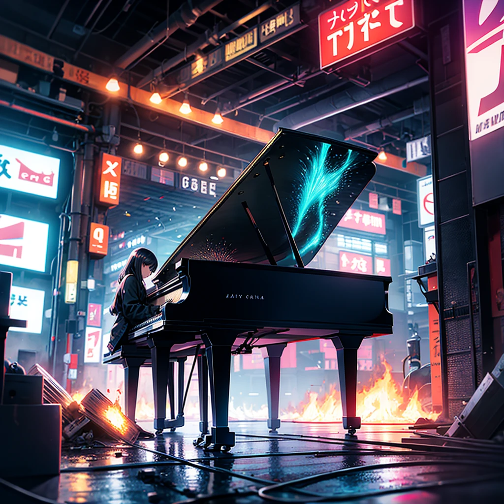 a piano on fire in neon tokyo