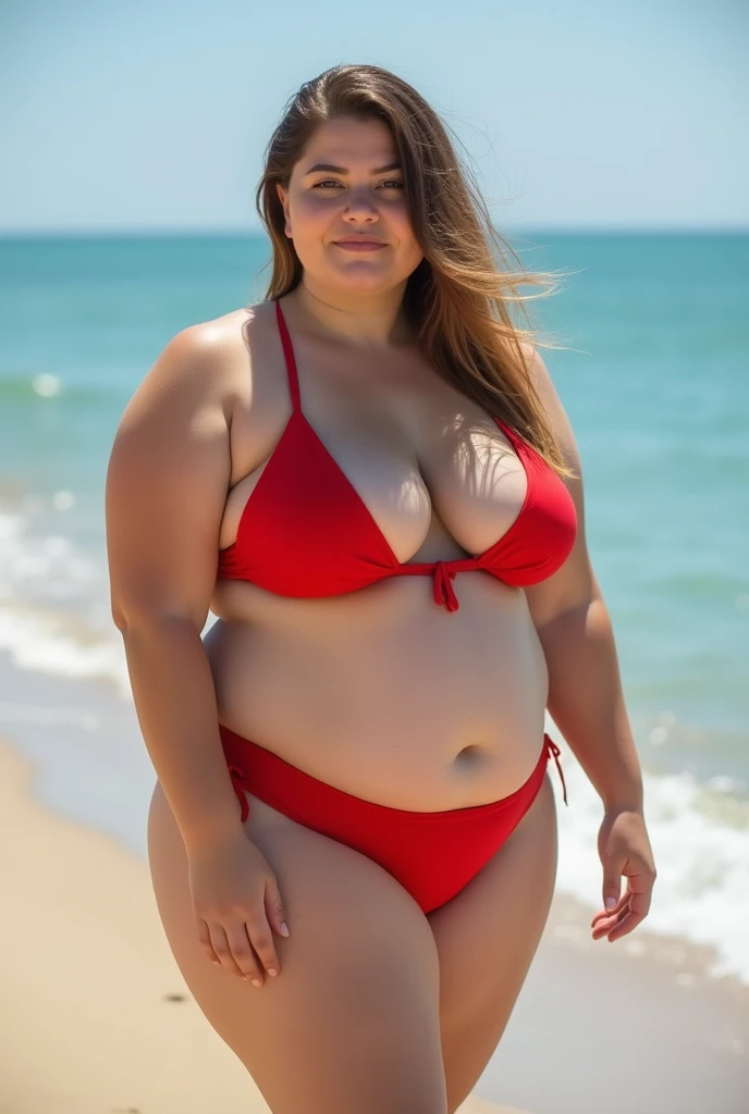Portait of a fat young woman at the beach. Red bikini