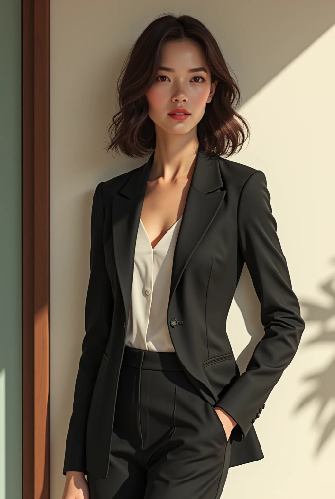 Woman in her 30s, brunette in a blazer, very chic Japanese