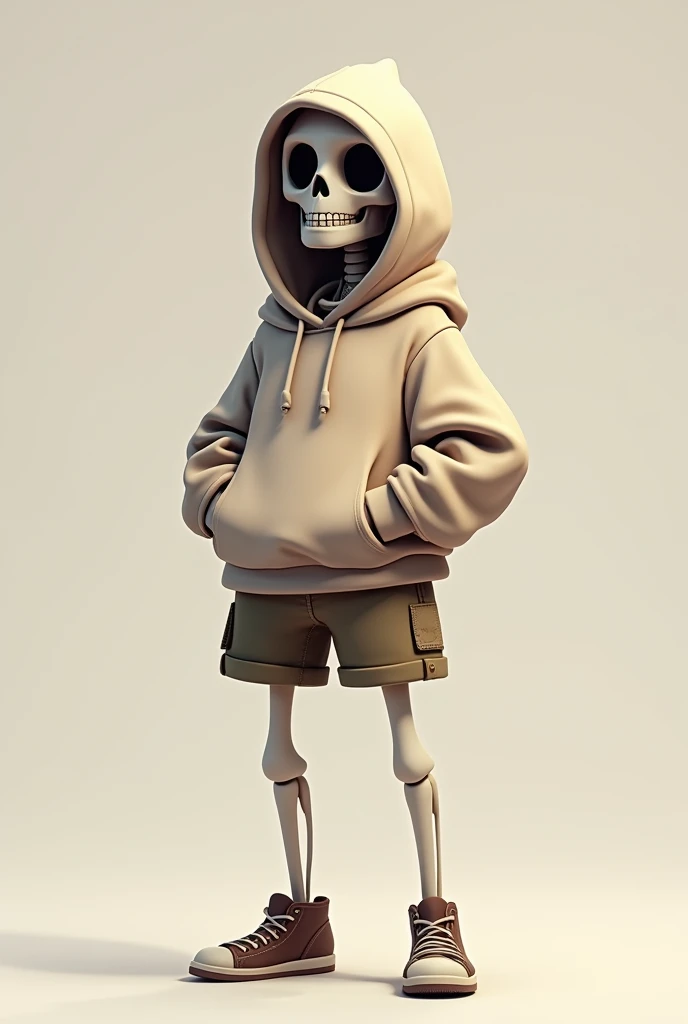 A cute male skeleton game character wearing a hoodie and short pants, in a T pose standing