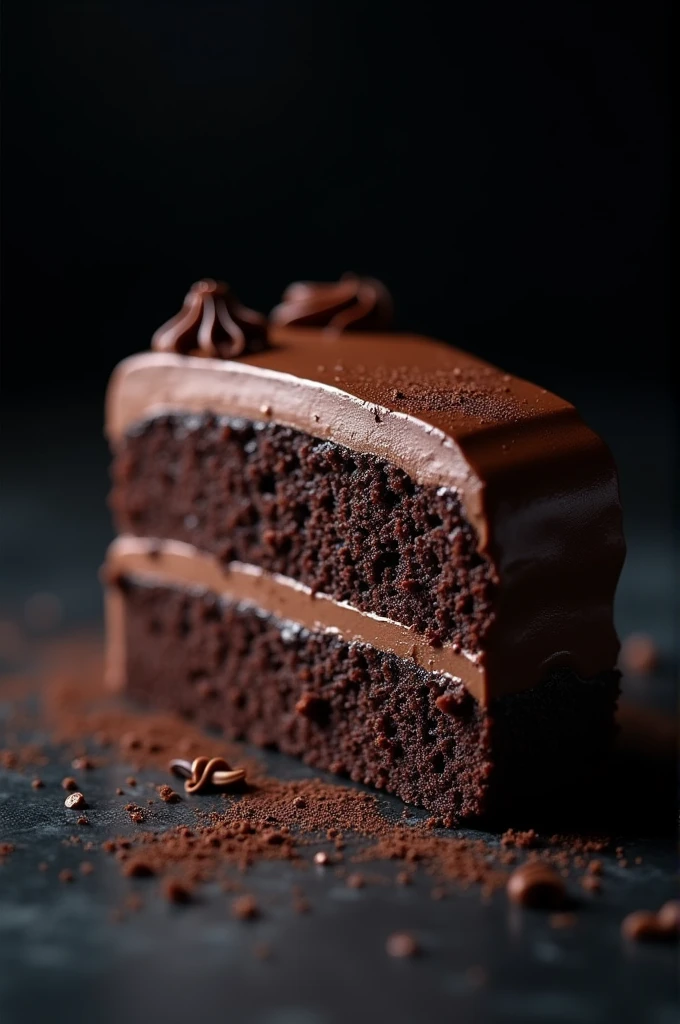 cinematic film still chocolate, chocolate cake, dark background, quality photo, moist texture, frosting, studio photo, slice . shallow depth of field, vignette, highly detailed, high budget, bokeh, cinemascope, moody, epic, gorgeous, film grain, grainy