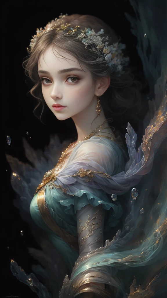 (Best quality, 4K, 8K, A high resolution, Masterpiece:1.2), Ultra-detailed, Realistic portrait, Beautifully detailed eyes, beautiful detailed lips, Detailed expression, Graceful posture, subtly lit, Dreamy atmosphere, Dark-toned background, expressive brush strokes, mystical ambiance, Artistic interpretation, Stunning Studio Ghibli style costumes, a whimsical illustration, Subtle colors and tones, mystical aura,