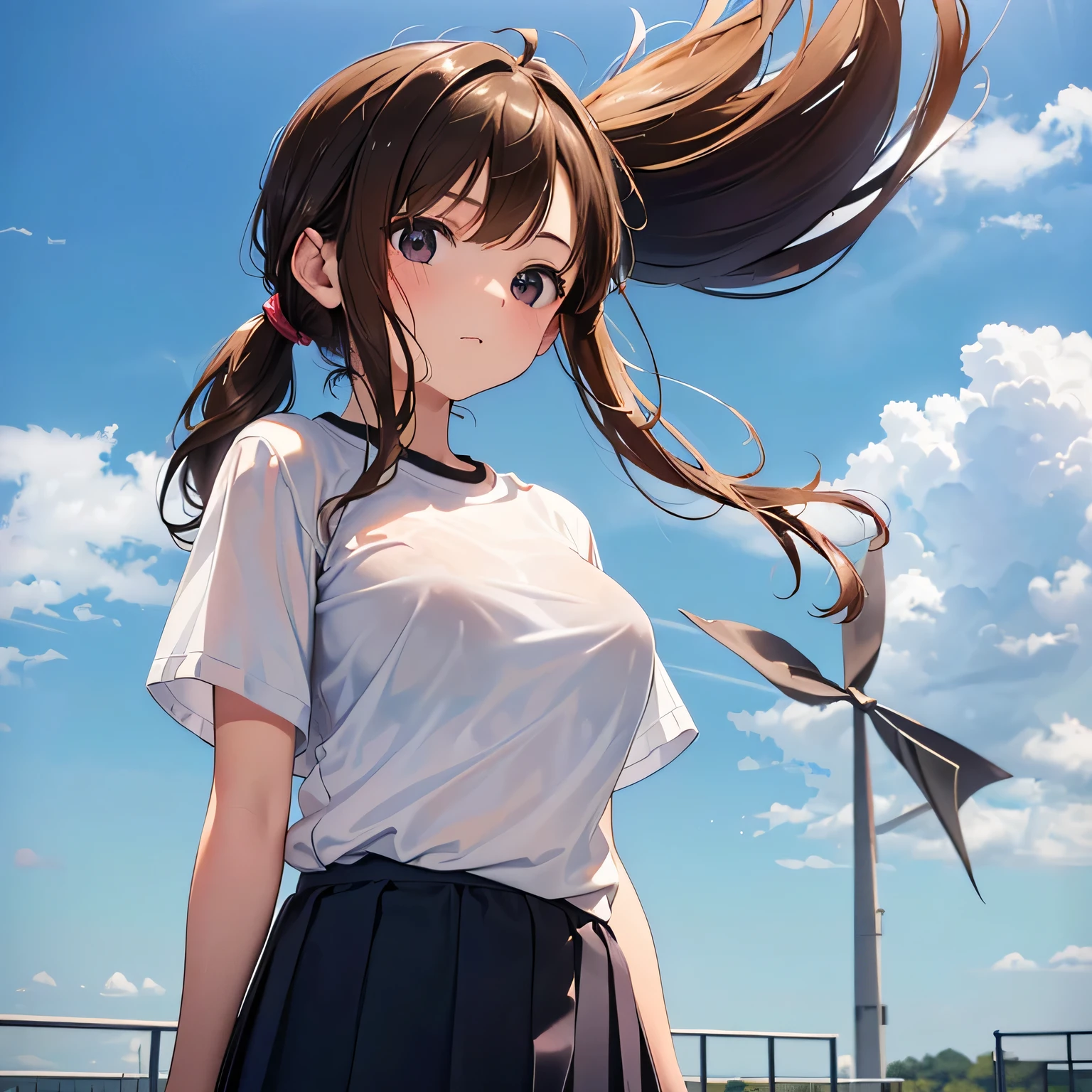 16K、masterpiece、high resolution、((18-year-old school girl))、brown hair、ponytail、very large breasts、(((White short sleeve sporty shirt)、((The wind blew her shirt away., expose one&#39;s bra))、((white sports leggings))、((Put your arms behind your head.))、A cheerful laugh、laugh、angle from below、sweat a lot、The bra is visible、School gymnasium