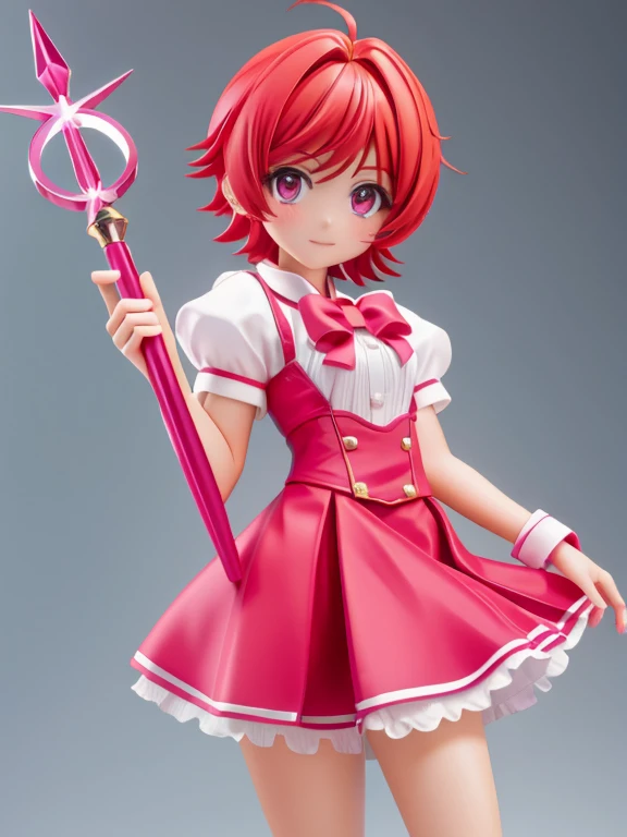 Magical giel、Primary school students、Young girl、、height: 130cm、Short Hair、Shortcuts、boyish、Circlet、Character portrait、spats、hot pants、Magical Girl Costume、Red clothes、Red Hair、Red eyes、Magic wand
