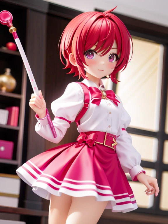 Magical giel、Primary school students、Young girl、、height: 130cm、Short Hair、Shortcuts、boyish、Circlet、Character portrait、spats、hot pants、Magical Girl Costume、Red clothes、Red Hair、Red eyes、Magic wand
