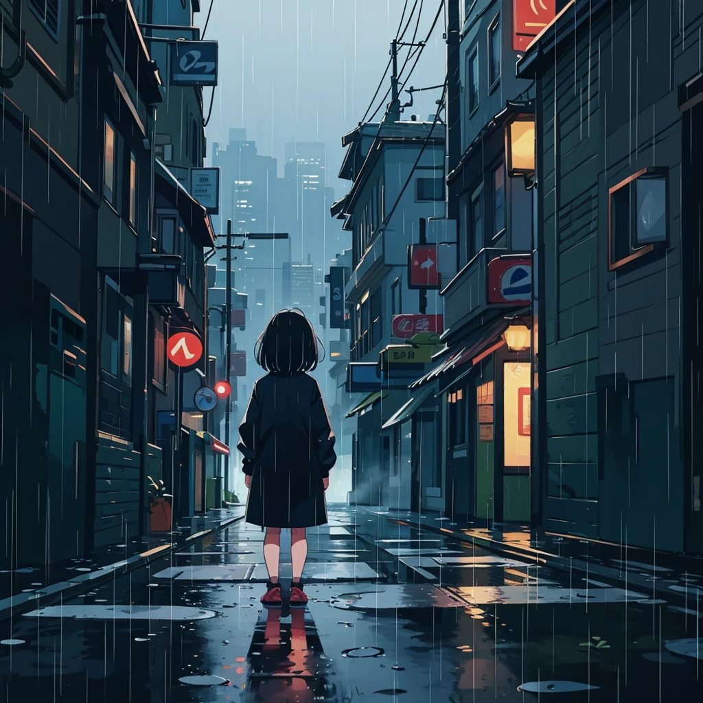 A black-haired girl,Back to camera,Standing alone on the street,rain,Continuous rain,Telephoto