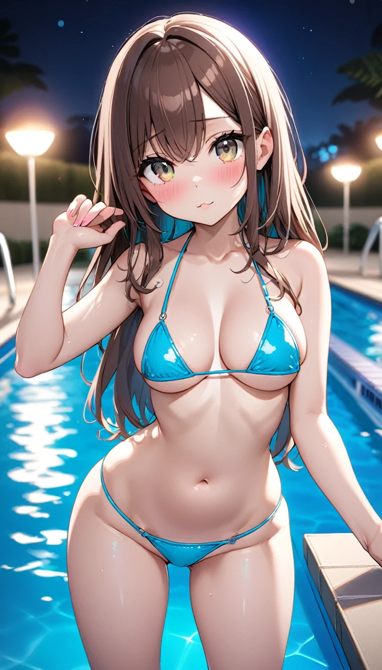 masterpiece, highest quality, Detailed face, Beautiful and detailed eyes, Beautiful Face, Perfect body, Professional Lighting, One girl,A calm and innocent girl,brown Hair, Long Hair, black eyes,big breasts, a girl in  old wearing silver slingshot swimsuit. She stands in the pool, soaked fullbody,surrounded by vibrant greenery and lounge chairs. The crowd looks on in amazement.The atmosphere is sunny and cheerful, with clear blue water in the pool and a few people swimming in the background. The girl looks relaxed and seductive as she prepares for a refreshing swim.
