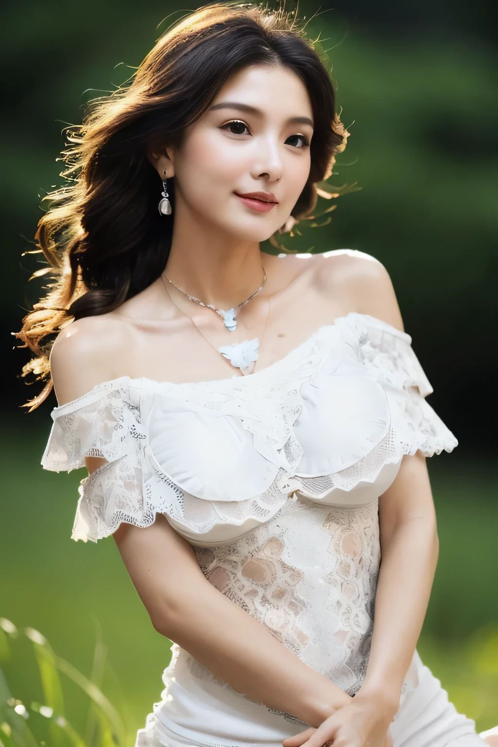 ((Highest quality, 8k, masterpiece: 1.3)), sharp: 1.2, Perfect Body Beauty: 1.6, ((Layered Hairstyles, Big Breasts: 2.0)), (field: 2.0), (White and purple lace dress: 2.0), (Off-the-shoulder dress: 2.0, A dress that shows off your bust: 2.0), ((long hair: 2.0)), (necklace: 2.0), Earrings, ring, Bracelet, Hair Accessories, ((Beautiful young teenager woman)), ((Straight nose)), (Eyeliner), Armpit Hair, Bristles, ((White and beautiful skin)), Wavy Hair, Beautiful attention to detail, Super detailed, Highly detailed face and skin texture, fine grain, double eyelid, Black Hair, Big Ass, Lower Body, Thighs, (((Skinny))), Wet and shiny lips, (smile: 1.0), Touching your own body, ((Anatomically correct human body)), ((Crisp body shape)), Ribs, clavicle, Protruding skeleton, A face without nasolabial folds, Shyness, Thin eyebrows, Big eyes, (Narrow shoulders: 2.0), White skin, (shoot from side: 0.5), (between legs: 2.0), (Very short dress: 2.0)