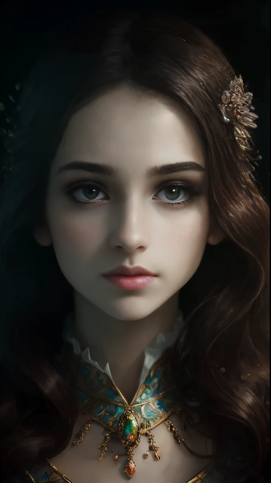 (Best quality, 4K, 8K, A high resolution, Masterpiece:1.2), Ultra-detailed, Realistic portrait, Beautifully detailed eyes, beautiful detailed lips, Detailed expression, Graceful posture, subtly lit, Dreamy atmosphere, Dark-toned background, expressive brush strokes, mystical ambiance, Artistic interpretation, Stunning Studio Ghibli style costumes, a whimsical illustration, Subtle colors and tones, mystical aura,