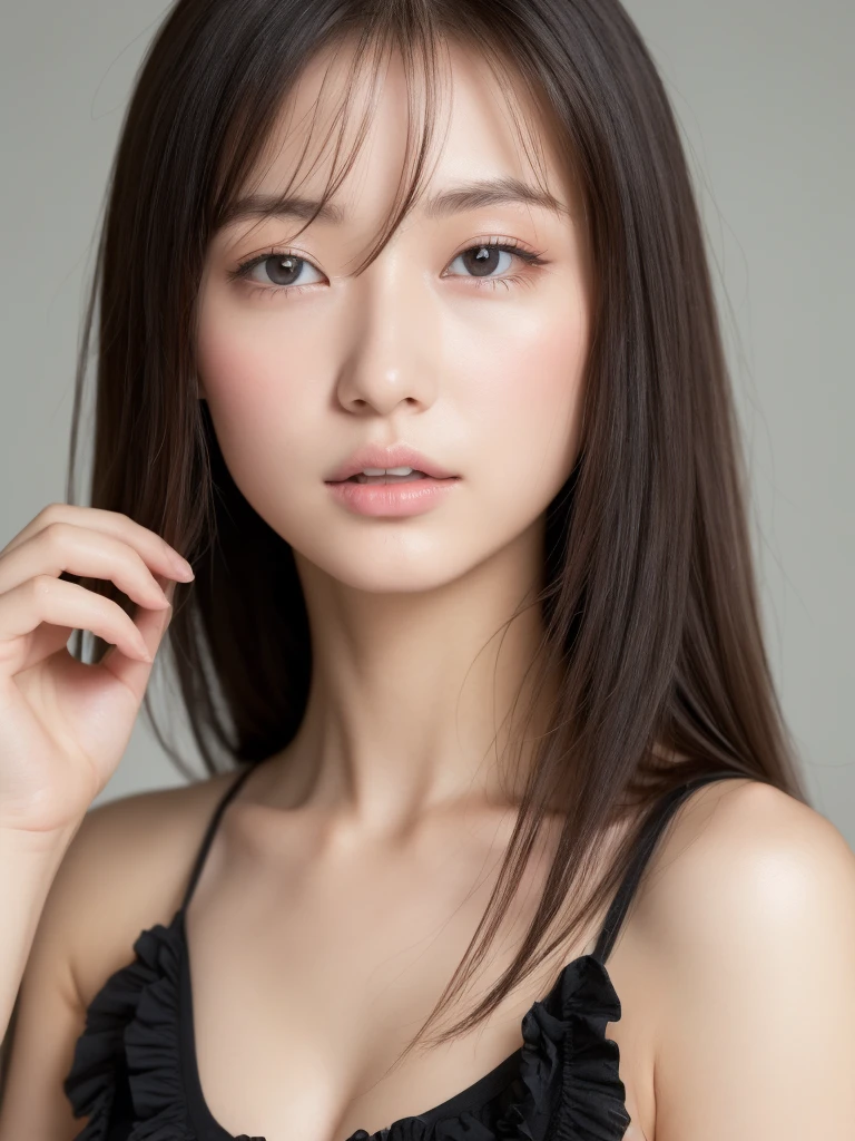 ((of the highest quality, 8K, masutepiece: 1.3)), Women (Full body portrait, front, black frill dress, Big breasts, cleavage, In the Magic Mirror), Overhead camera, Sharp Focus: 1.2, prety woman: 1.4, ((girlish long Hairstyle)), Highly detailed face and skin and hair texture, Detailed eyes, Double eyelids, White skin, beautiful delicate nose, Cute young Japan woman, 20 years old, while emphasizing the theme、pleasing to the eye、tome'thought-provoking composition., Eyes, Mouth and behavior, The contrast between light and shadow creates a unique sense of sadness...、Dynamic angle background blur