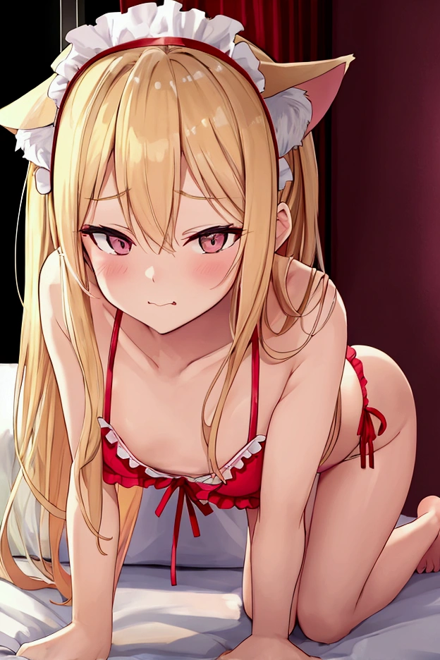 On the bed at the love hotel, In the hotel late at night, Twin blonde girls wearing cat ear headbands and school swimsuits are crawling on all fours