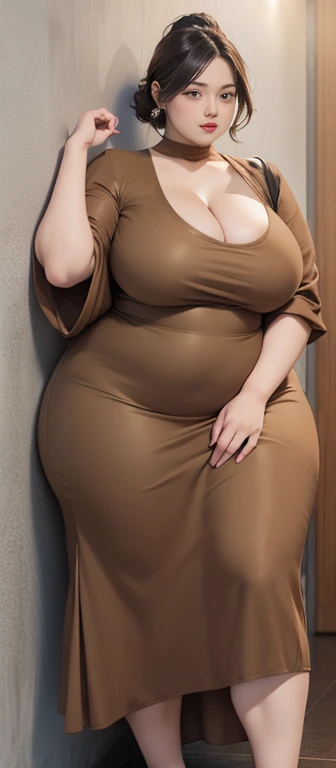 woman in brown dress and shorts hairstyle Leaning against the wall of the dark room, wearing a polite brown clothes , hijab outfit, with a long brown dress , longest dress fashion model, plus size, plus size woman, wearing brown longest dressed , woman in brown longest dress , beautiful Indonesia woman, thicc, brown outfit,, wearing a brown robe, brown , with longest hand clothes , bbwchan, large cleavage, very large cleavage, massive cleavage , wearing a sneakers, 35 years old woman, asian women , short hair , full body, thick neck , massive thighs , thick cheeks , Indonesian goddess