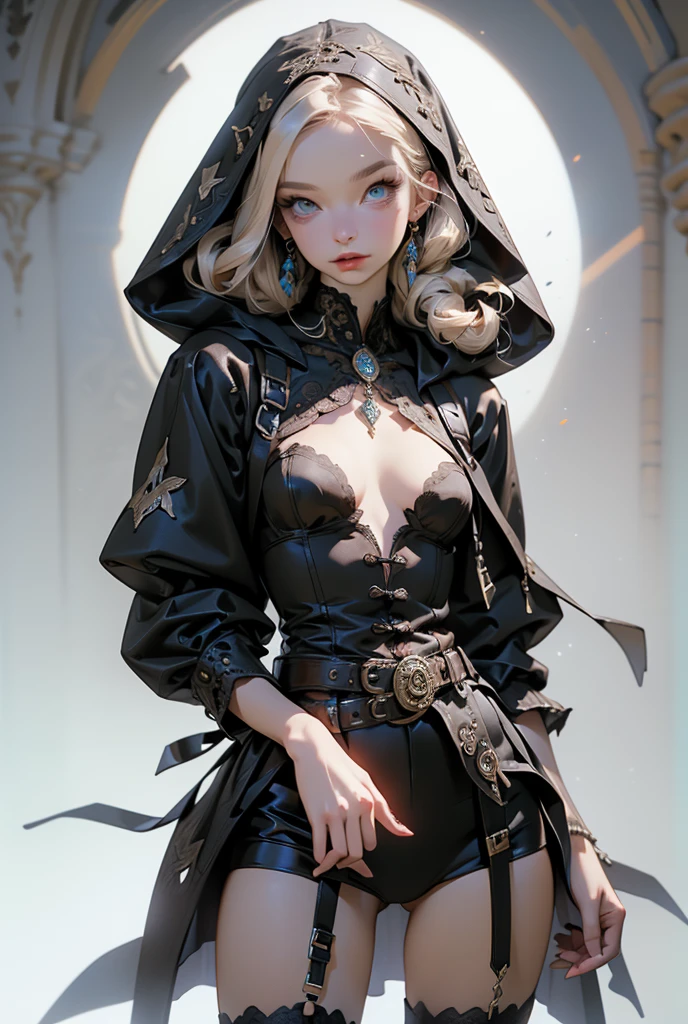 (((masterpiece, of the highest quality, super detailed))), (a witch from an occult order of knights), Victorian era inspired, ((minimal but intricate beautiful armour)), Fluttering lace flared dress with frilly petticoats, ((nier automata meets bloodbourne)), ((((Highly detailed face))), (((Very sharp focused eyes))), very long eyelashes, small breasts, (((flat chest:1.1))), occult aesthetic, (red and white clothing detailed and intricate steampunk and detailed gothic), (with a hood), complex lace boots,