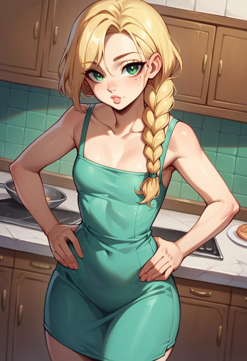 {{upper body, dutch angle}} {{Artist: shexyo}} 1girl, young female, blonde braided pigtail hair, green eyes, light blue slip-on dress, big pink lips, small mole on right cheekbone, small cleavage, small breasts, wide hips, blank expression, indoors, kitchen, standing, hands on hips, pov.