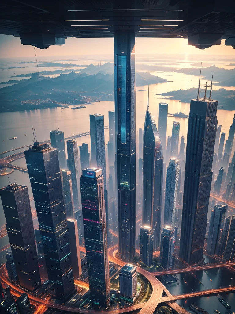 Skyscrapers line the ground，Future City，Best Quality，Super hugeな橋，Building height１０００Double，ＳＦ，future world，A world beyond imagination，universe，cyber punk，8k，Super huge，Dream world，masterpiece