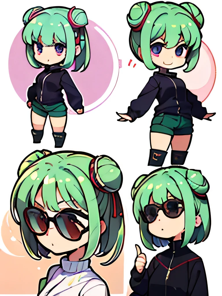 (highres), (best quality), (detailed), (chibi art style)1 girl, alone, medium hair, pastel green hair, twin buns, violet eyes, round black sunglasses on head, black sleeveless turtleneck top, green shorts, dark brown boots, thumbs up, smiling