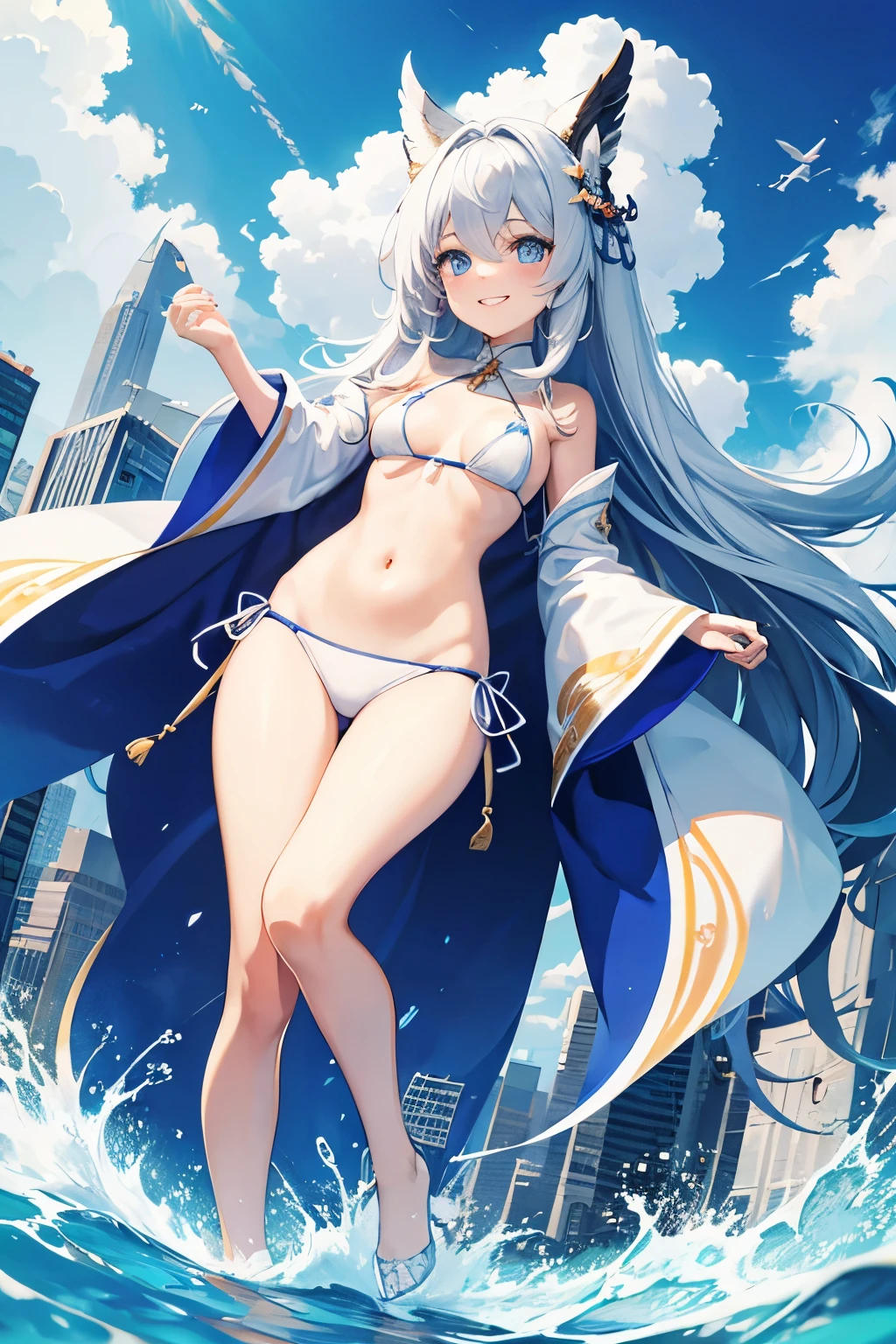 Asian woman, white messy silky long hair, blue eyes, grinning, small bikini, 1000 meters tall, city