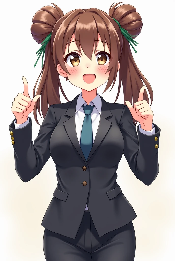 A two-headed illustration of an anime woman with brown hair in a bun, wearing a suit and making a &quot;Good&quot; pose