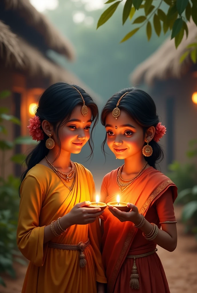 Beutiful indian young lady and man lighting diya in village