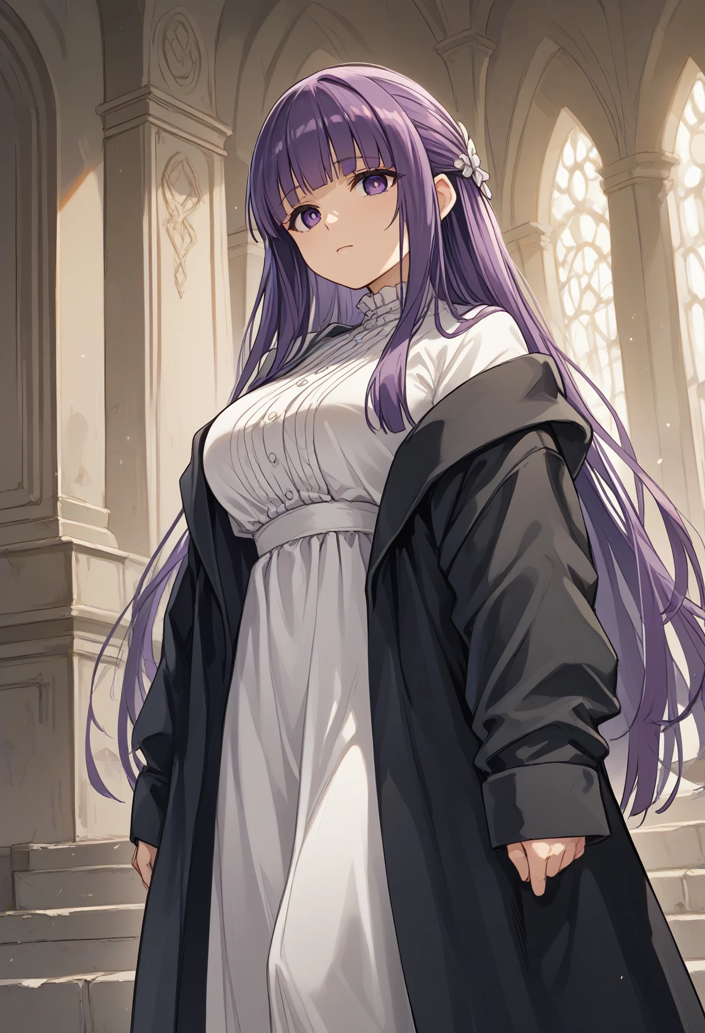 fern \(sousou no frieren\), large breasts, long hair, purple hair, half updo, blunt bangs, purple eyes,
open robe, long dress