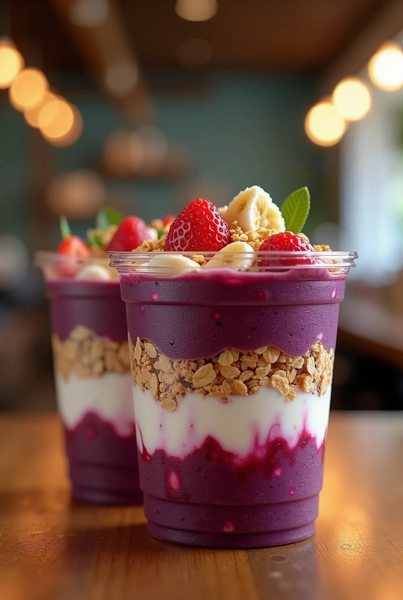 Prompt:
"Realistic image of açaí in transparent plastic containers of 400 ml, 500 ml, and 800 ml, with visible layers of condensed milk, powdered milk, granola, and strawberry (or banana). The setting should be a cozy açaiteria environment."
Visual Details:
Focus on Layers: the color of the açaí should be dark. Make sure the layers of each ingredient are clearly visible and detailed., showing the clear separation between the açaí, condensed milk, nest milk, granola, and the fruits.
Package Sizes: Clearly differentiate the three sizes (400 ml, 500 ml, 800 ml) so that they are visually distinct.
transparency: Using clear plastic packaging will help highlight the layers of ingredients..
enviroment:
Scenario: Include details of the açaí shop's environment in the background, but keep the main focus on the açaí packaging.