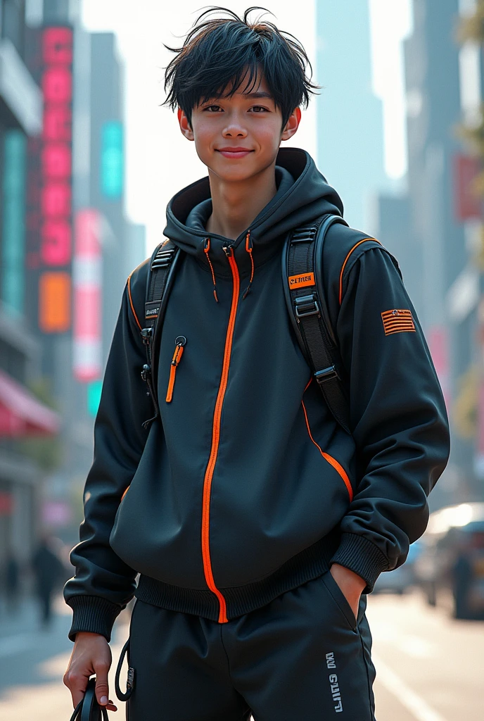 make me an oc with black hair baggy running clothes futuristic cyberpunk style smiling male with white clothes with black contrast and not so apparent cyborg parts MALE No muscle