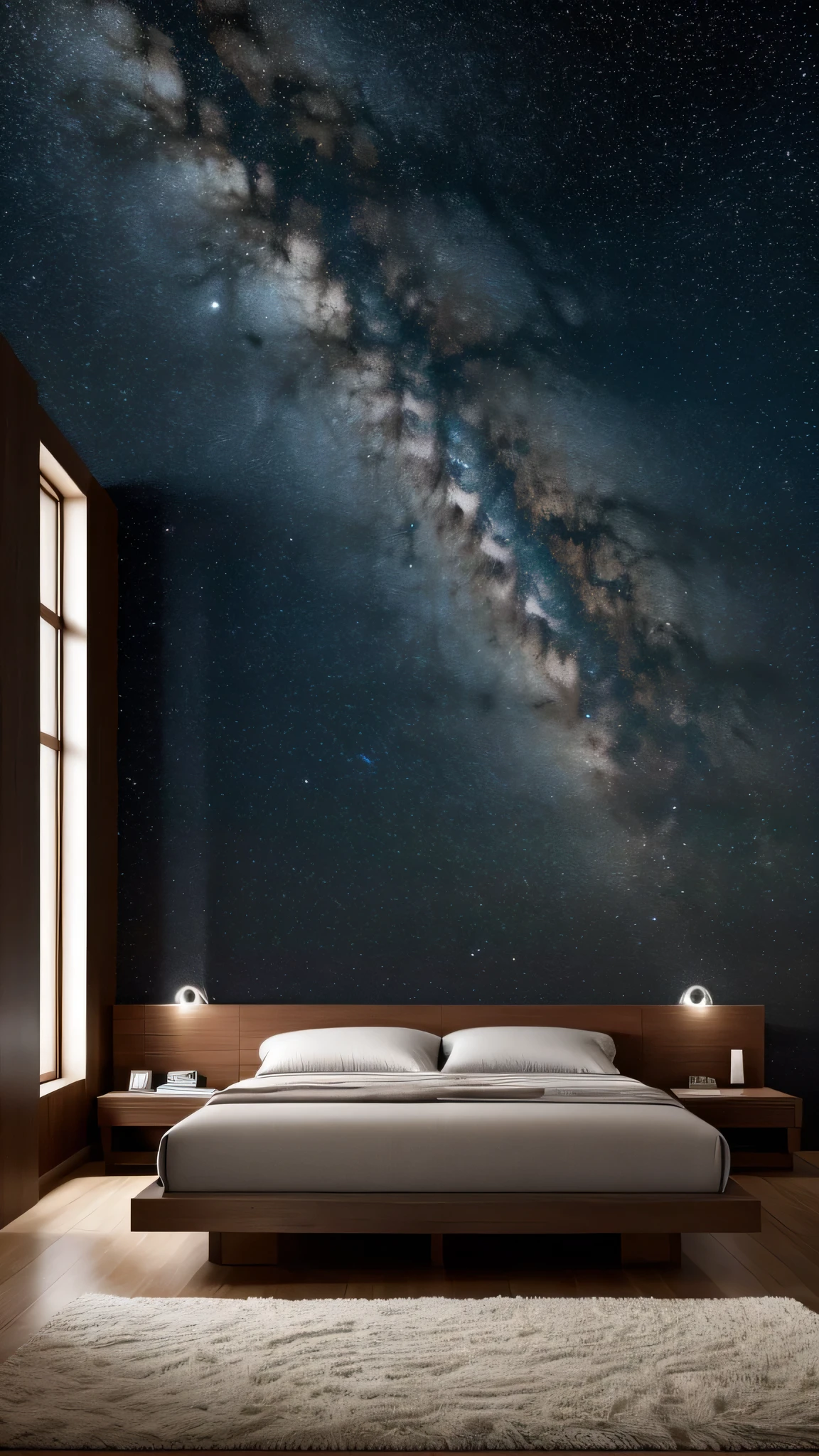 High resolution, masterpiece, best quality, detailed, bed that floats far above the earth in the universe, also view of the earth and many stars, most comfortable bed you can imagine