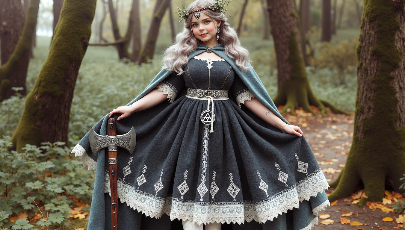 A beautiful photo of tween wearing a Norse style charcoal grey woolen gown with elegant pale azure blue princess style apron, runes of family, love, healing and protection are embroidered along it, with knee high stockings, white doeskin boots, and a beautiful cloak with silver white collar, has golden white hair. The hairstyle is elegant loose waves with a Dutch braided crown with a silver diamond circlet with a triforce gem, holding a magical axe, white leather magic bag, warrior princess, shadow cat is a pale grey-white, the color of thick mountain morning mist, beautiful plus sized girl, 12k, ancient Norse, Large chest, wide hips, thick thighs, perfect lilac color eyes