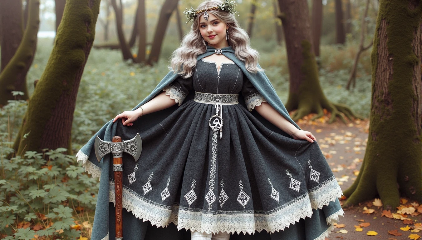 A beautiful photo of tween wearing a Norse style charcoal grey woolen gown with elegant pale azure blue princess style apron, runes of family, love, healing and protection are embroidered along it, with knee high stockings, white doeskin boots, and a beautiful cloak with silver white collar, has golden white hair. The hairstyle is elegant loose waves with a Dutch braided crown with a silver diamond circlet with a triforce gem, holding a magical axe, white leather magic bag, warrior princess, shadow cat is a pale grey-white, the color of thick mountain morning mist, beautiful plus sized girl, 12k, ancient Norse, Large chest, wide hips, thick thighs, perfect lilac color eyes