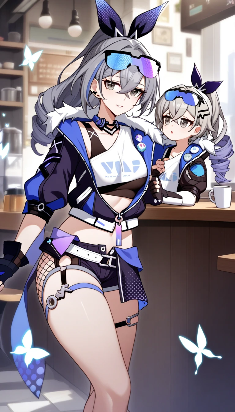 mother and daughter, age_difference,size_difference, two girl huge each other, masterpiece, best quality, very aesthetic, absurdres, ,mature mother and cute daughter, silver wolf \(honkai: star rail\), honkai \(series\), grey hair, long hair, grey eyes, jacket, eyewear on head, gloves, ponytail, fingerless gloves, shirt, shorts,in a cafe,luminous butterflies, fluttering butterflies,