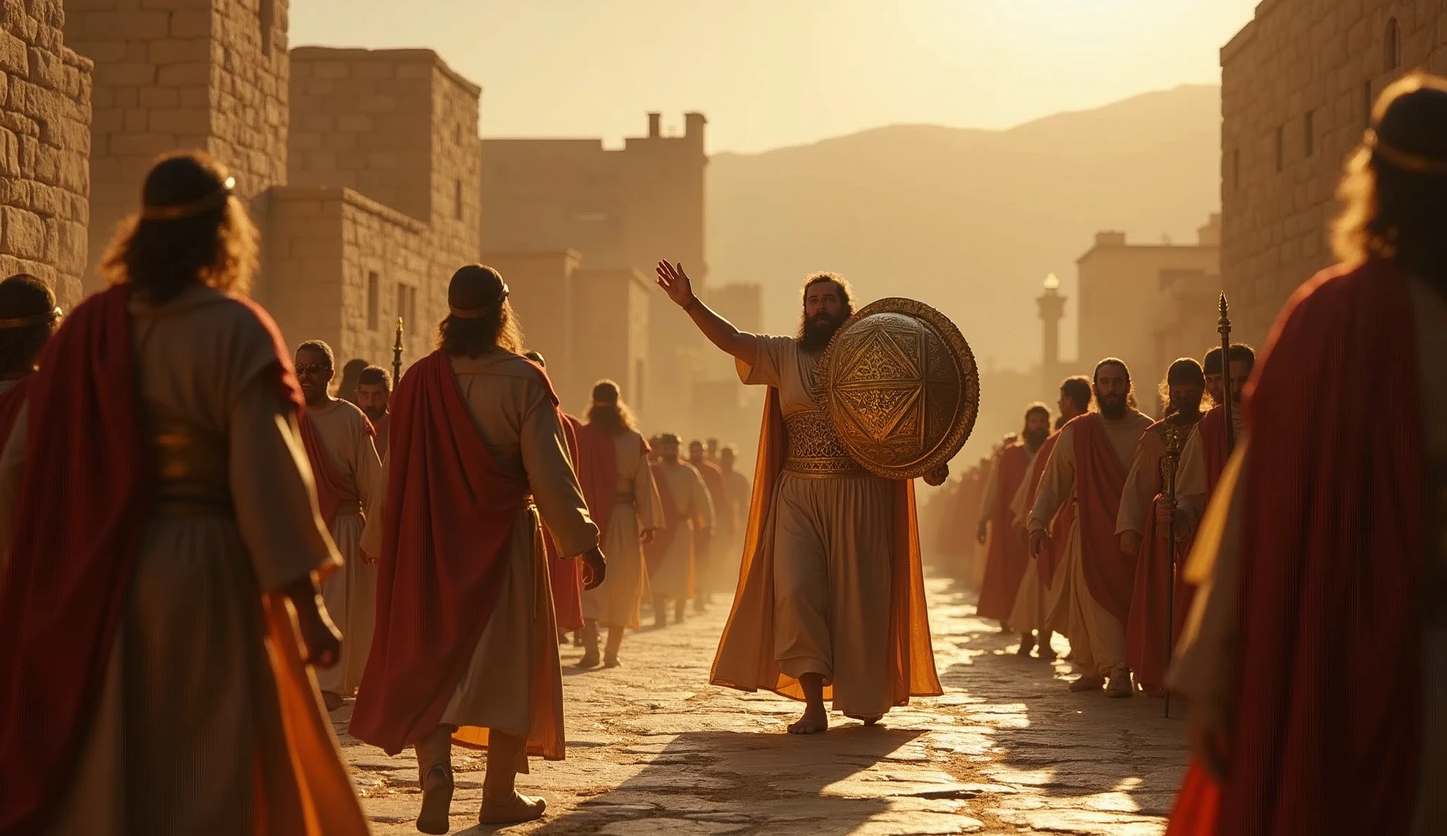 "Create a realistic cinematic scene of King David bringing the Ark of the Covenant to Jerusalem. The image must capture the grandeur and emotion of the moment., with David in regal attire, dancing and praising, surrounded by a group of soldiers and priests. The Ark of the Covenant, adorned and shiny, must be carried with reverence. The background must feature an ancient Jerusalem, with stone houses and citizens watching the event with admiration. Sunlight must reflect on the Ark, Creating a mystical effect. The mood should convey a sense of joy and celebration., emphasizing the spiritual importance of this moment in biblical history."