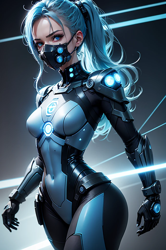 Woman body defined thick thighs cybernetic body parts, short underwear, cyborg warrior girl flat horizon photo, Girl android ,dynamic pose, she moves forward, she has long light blue hair, hair tied up in a ponytail, she has a mask on her face, a respirator, a woman with sexy hips, incredibly beautiful blue eyes and a gas mask on her face, half cyborg, technological modifications. Cool girl, Beautiful face, pretty face, look at the camera, blue metal cybernetic android robot body, Large, wide hips, suit with blue indicator lines with many blue details, blue colour corset, blue glowing lines on clothing details, realistic face with detailed elaboration, long eyelashes and expressive blue eyes, cybernetic armor with a blue glow from under the joints and joints, she has blue eyes , frame with a flat horizon, Anime Style design, blue Lasers, blue smoke fountain on background Cyberpunk style, high image detail, 4k quality, the camera films Her from below, lower angle of photography, black background image of a night black city and blue neon lights, blue lamps, blue lighting, blue flashes IN THE BACKGROUND are the blue lights