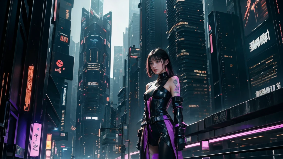 Living in a decadent world of the near future、、Cyberpunk Fashion、blade runner worldview、Asian Skyscrapers、''（（it&#39;s raining）、fog、（Realistic depiction）、Beautiful woman looking up at the sky from the ground
