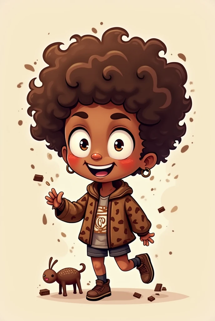 illustration of a cool chibi character with a crazy expression, with curly chocolate Afro hair, brown skin and white chocolate eyes, printed chocolate clothes and chocolate themed accessories 