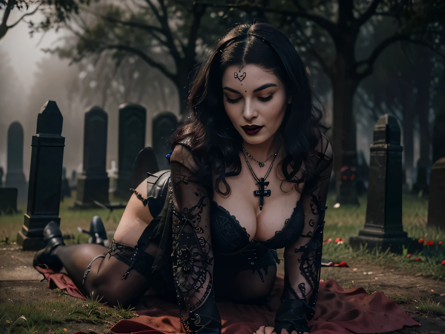 Beautiful 20 year old woman and her man fucking in teh foggy cemetery, with short messy wavy black hair, wearing a red corset with black accents and large black cloak, (( fine detailed five fingers long black gloves)) he is fucking her on the ass meanwhile she is completly on her knees to the muddy ground, (( in a foggy cemetery at night ))  (red lipstick:1.5), realistic skin texture, (cross necklace:1.2), (eyes closed:1.3), (Zentangle and Gothic Art:1.4), photo realistic, 8k (( full figure pictures))