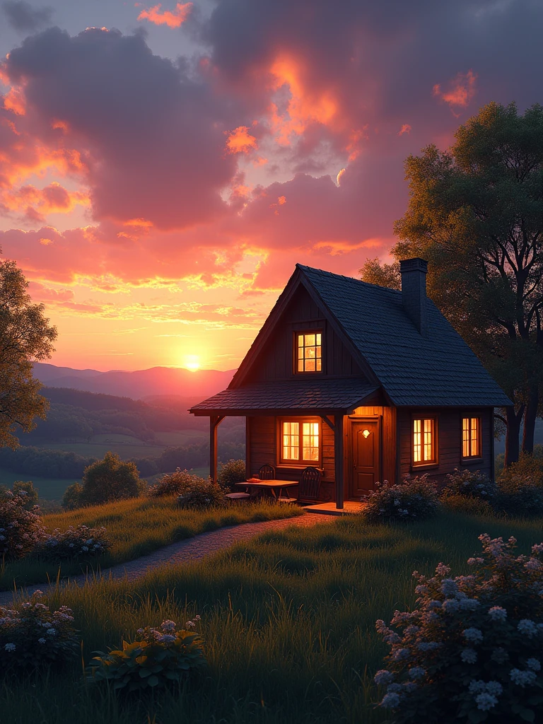 A cozy house in the countryside during sunset, glowing with warm lights from within. The sky is filled with dramatic, colorful clouds illuminated by the last light of the day, and stars are beginning to appear in the deepening twilight. The scene is tranquil, with a sense of calm and serenity.