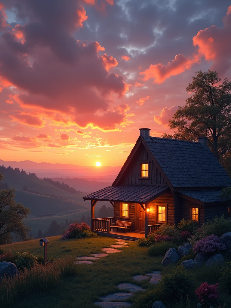 A cozy house in the countryside during sunset, glowing with warm lights from within. The sky is filled with dramatic, colorful clouds illuminated by the last light of the day, and stars are beginning to appear in the deepening twilight. The scene is tranquil, with a sense of calm and serenity.