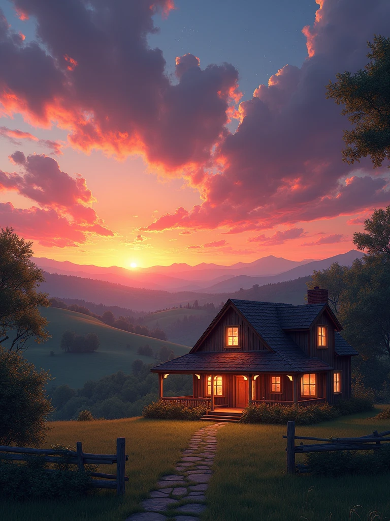 A cozy house in the countryside during sunset, glowing with warm lights from within. The sky is filled with dramatic, colorful clouds illuminated by the last light of the day, and stars are beginning to appear in the deepening twilight. The scene is tranquil, with a sense of calm and serenity.