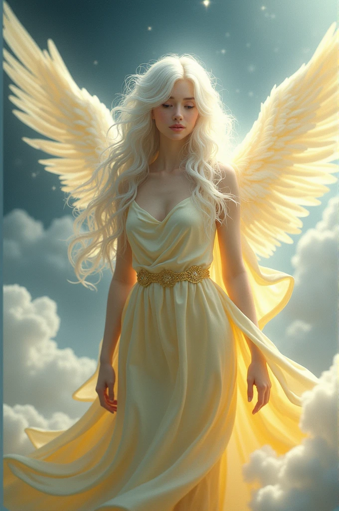 One with white hair wearing a light yellow dress with angel wings