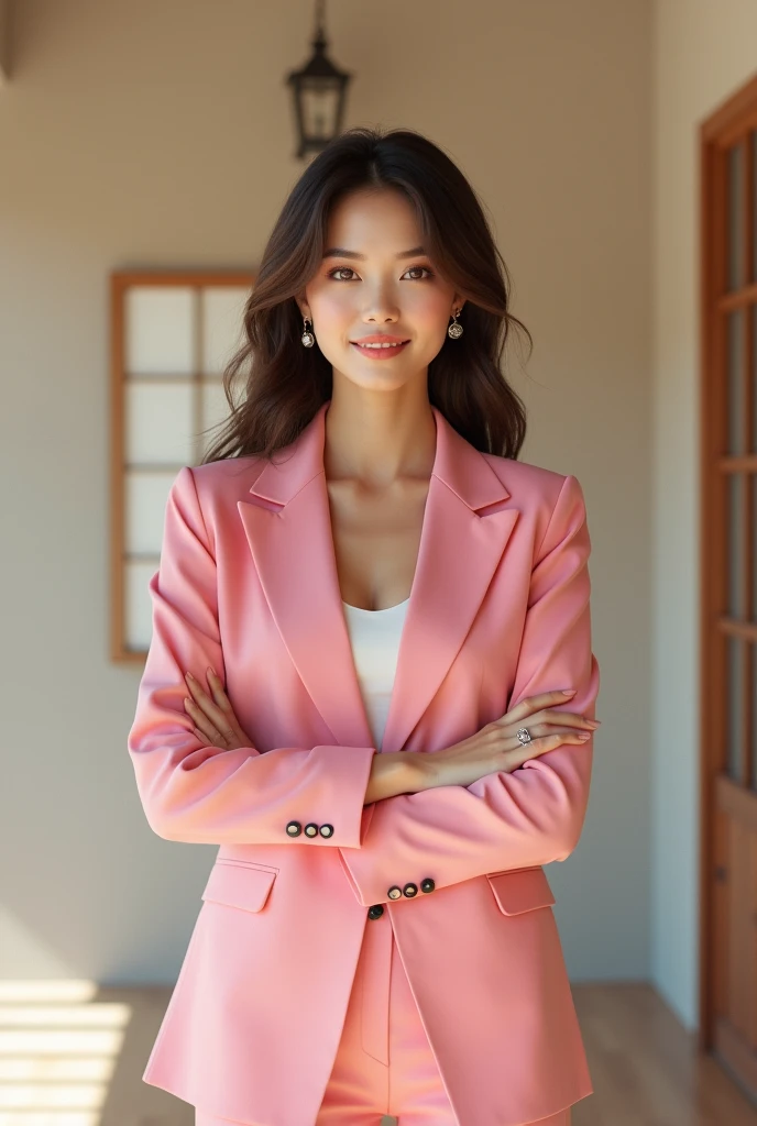 Woman in her 30s, brunette in a pink blazer, very chic Japanese