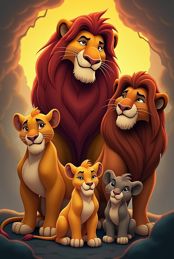 An art inspired by &#39;The Lion King&#39;, with a figure of a wise lion king, a spiritual guide with ancient wisdom, a protective lioness,um suricate e um Phacochoerus africanus. and a baby lion in the center.  with the other animals. in the form of a Disney cartoon