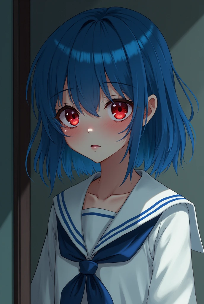 Fair skin、Sailor suit、Blue Hair、Red Eye、Constraints、Crying face、Disheveled clothes、Small breasts、Creampie