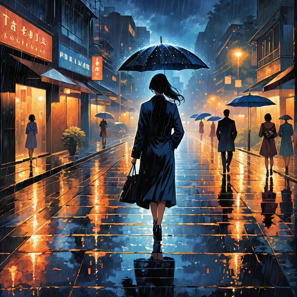 A serene and emotional scene depicting a late-night cityscape with cold streets and dark skies filled with rain. In the foreground, a warm light symbolizing comfort and guidance shines, illuminating the path. The imagery captures the feeling of overcoming challenges with love and support, showing a figure walking confidently, holding an umbrella under the rain. The atmosphere is reflective and hopeful, emphasizing themes of resilience, love, and clarity.
