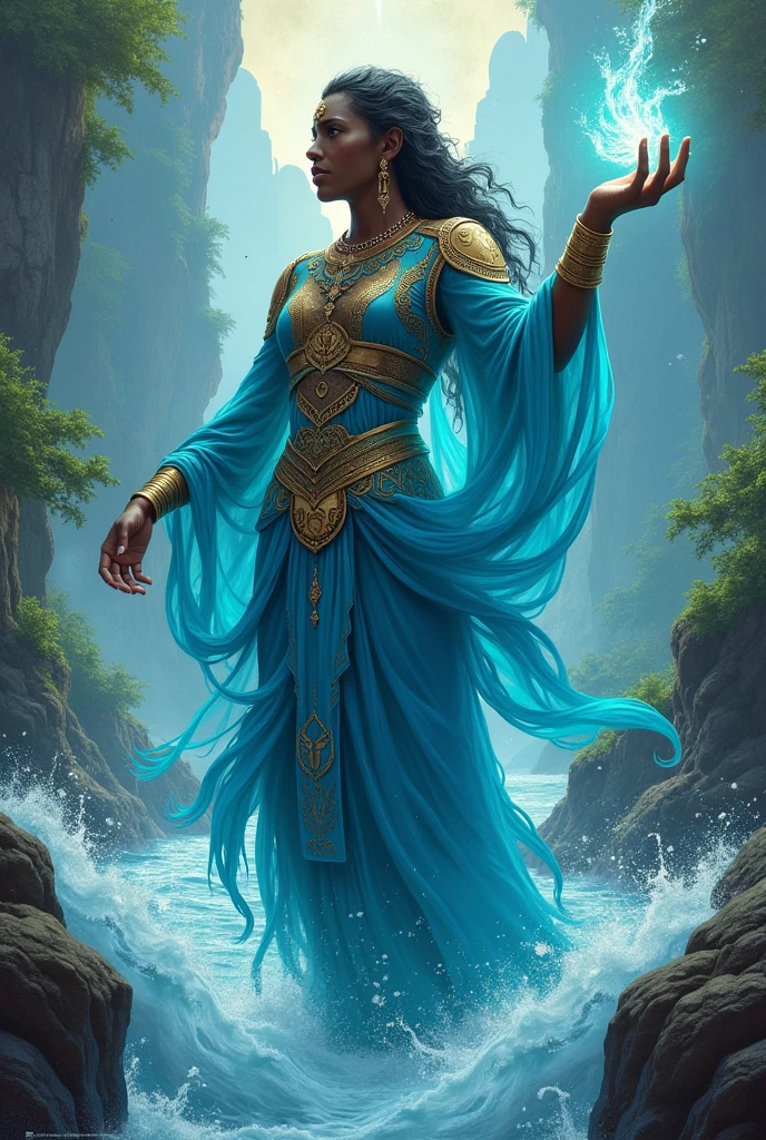 Create the image of the god of the rivers of Brazilian indigenous culture, skin black, light blue and cyan clothes, controlling the water with your hand.