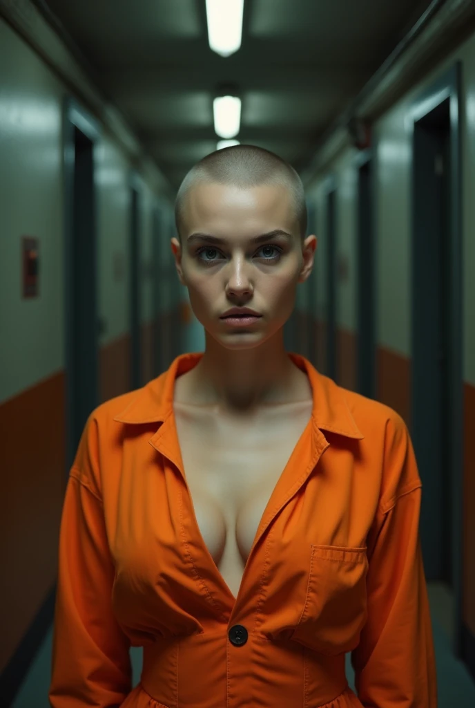 Portait of a scared young russian woman in jail wearing a orange jumpsuit. Cleavage. Shaved head. Bald. Big breasts