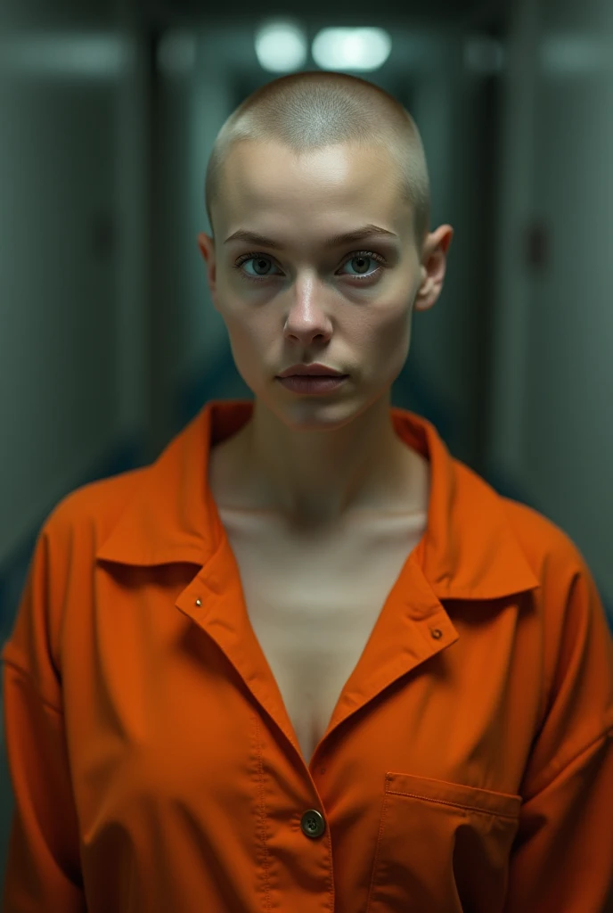 Portait of a scared young russian woman in jail wearing a orange jumpsuit. Cleavage.  Shaved head. Bald. Big breasts 