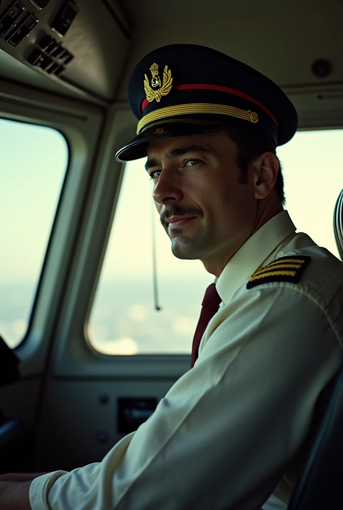 Mock portrait of a 1970s airliner pilot, Inside the cockpit，Extremely detailed face, Low light, Perfect lighting, Nostalgia, ISO100, cinestill 800T, polarizing filter, Bright and bold colors, High-quality photos, Still frame from a movie